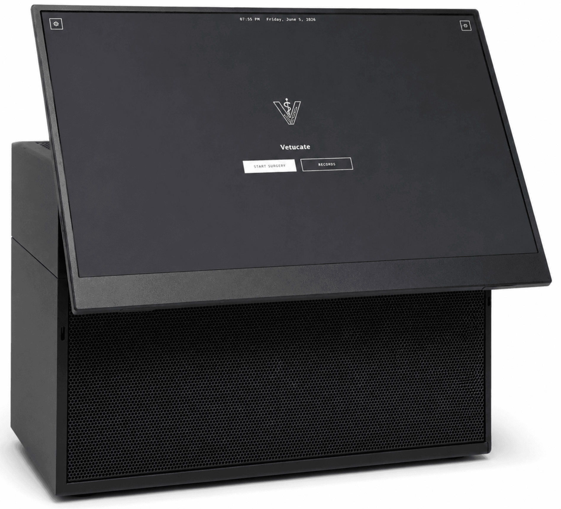 Vetucate surgical documentation appliance with touchscreen raised showing the home screen